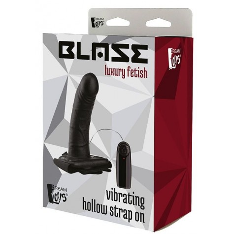 Черный полый страпон VIBRATING HOLLOW STRAP-ON с вибрацией - 16 см.